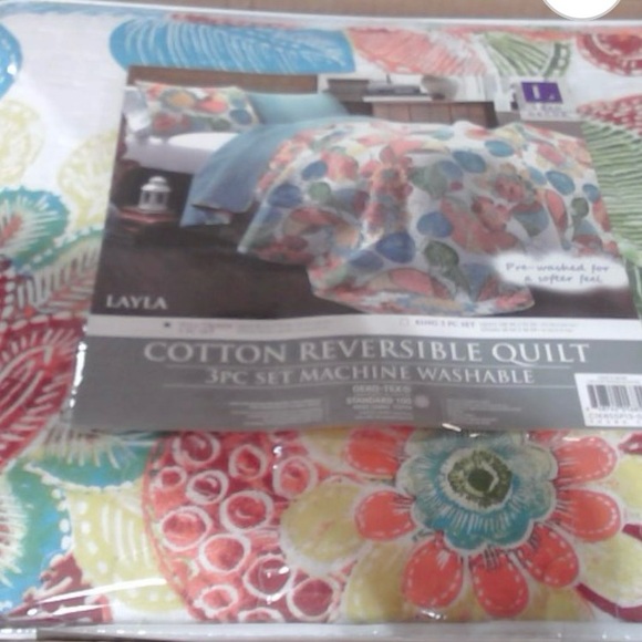 Quilt Floral Leaf Print 3 Piece Reversible Bedding Set Full/Queen Orange & Blue - Picture 5 of 5